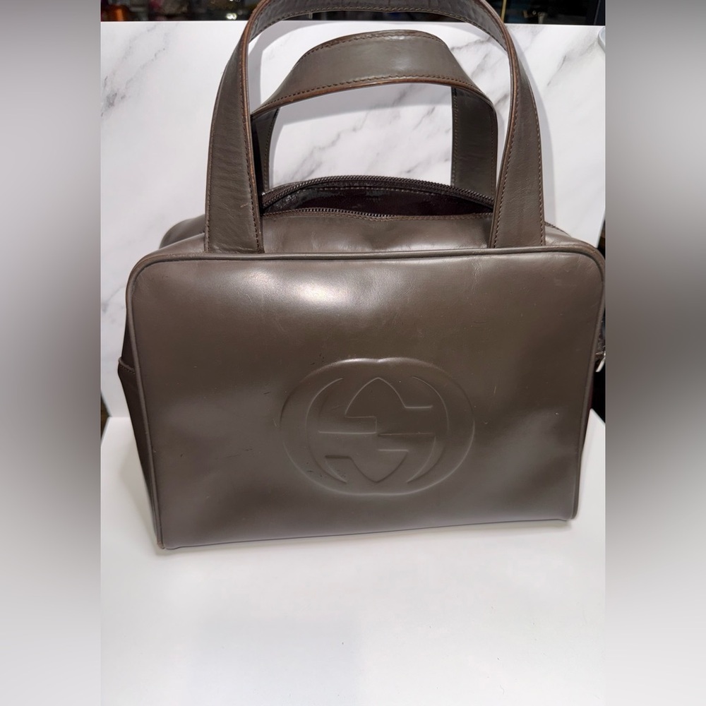 🤎 Vintage Gucci Brown Leather Boston Bag - Oversized Embossed GG Logo